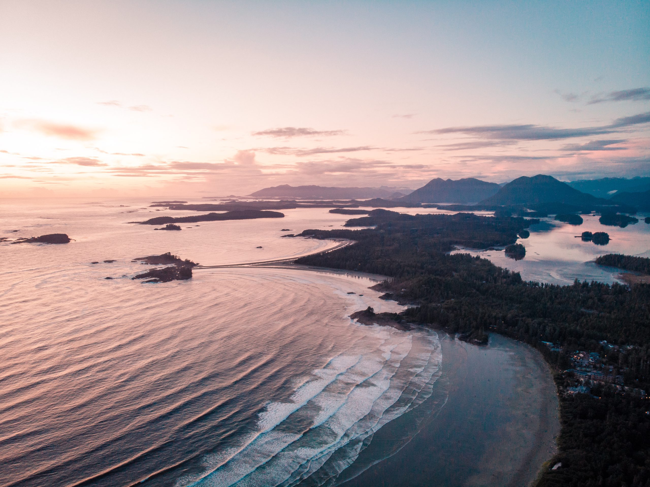 Aerial view over Tofino Pacific Rim national park with drone fro
